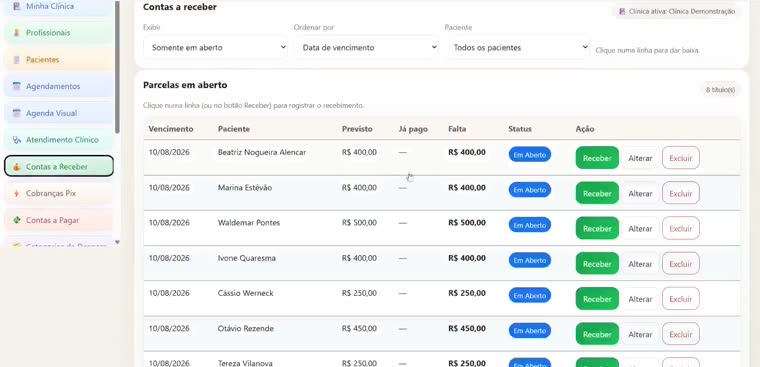 Contas a receber criadas automaticamente após o cadastro do paciente